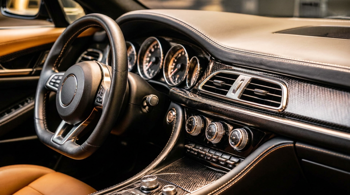 Leather and carbon dashboard of a luxury sports car
