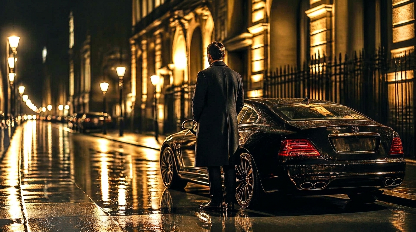 Man in an overcoat beside a black luxury saloon on a wet city street