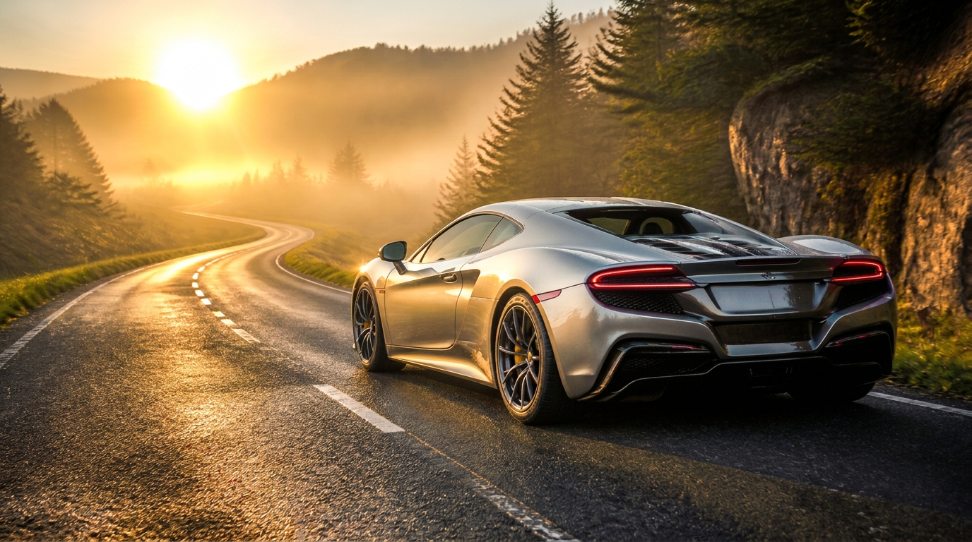 Silver supercar on a misty country road at dawn