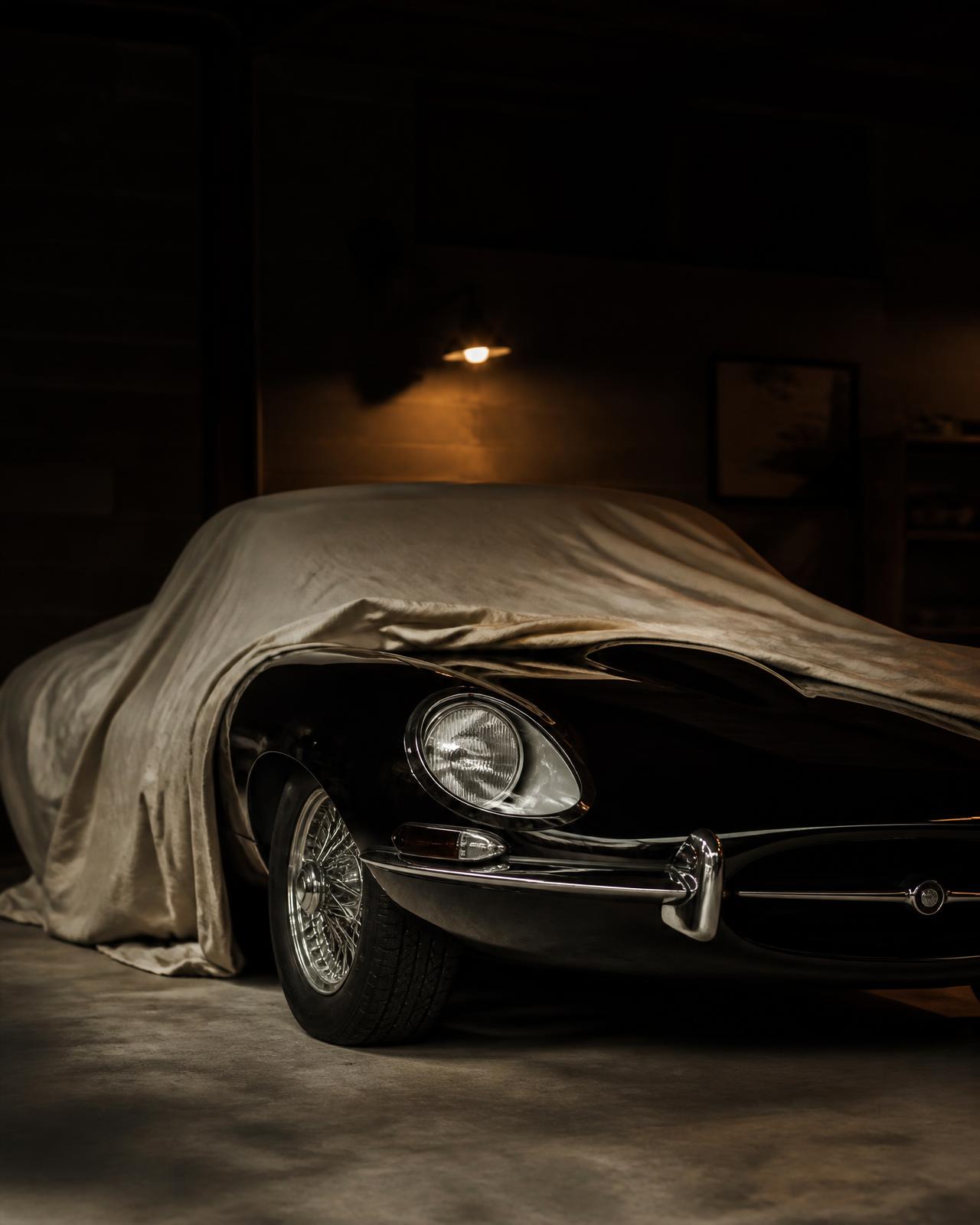 Classic sports car under a dust sheet in a private garage